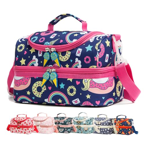 Insulated Kids Dual Compartment Lunch Bags Tote for Girls Boys Lunch Boxes Pre-School Toddler Kindergarten Picnic Camp Food Cooler Thermal with Strap - color: Blue Unicorn