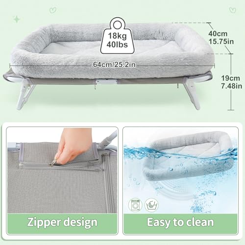 Sunhoo Elevated Cat Bed Foldable Raised Pet Hammock Self-Supporting Puppy Lounger with Off Floor Metal Frame Washable Cover for Small Dog Kitten Indoor Use 25.2x15.75x7.48 in（Grey） - color: Grey