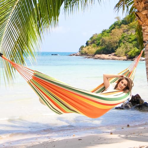 ANYOO Cotton Hammock Portable Camping Hammocks for Hanging Sturdy Garden Comfortable Fabric Hammock with Tree Straps Up to 660lbs with Travel Bag for Camping Outdoor/Indoor Patio Backyard - color: Orange