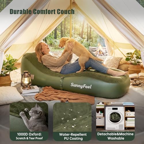 SUNNYFEEL Inflatable Lounger Couch with Built-in Pump, Heavy Duty PVC Flocked Inflatable Sofa Chair for Adults, Portable Air Lounger for Camping, Beach, Home & Outdoor, Army Green - color: Army Green