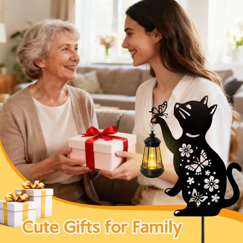 ANGMLN Cat Solar Lights Outdoor, Black Cat Hanging Lantern Waterproof, Cat Lover Gifts for Women Mom Birthday Mother's Day, Metal Garden Statue Yard Decor Patio Pathway Backyard Lawn Ornaments - color: Cat