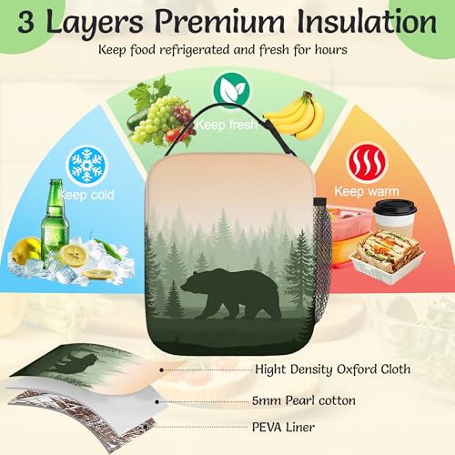 Insulated Lunch Bag,Forest Bear Durable Lightweight Lunch Box for Kids,Green Animal Portable Thermal Picnic Cool Bags Girls Boys School Daycare,Work,Camping - color: Forest Bear
