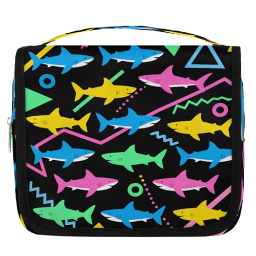 Art Colorful Shark Pattern Kids Toiletry Bag for Boys, Waterproof Travel Shaving Organizer with Hanging Hook, Portable Dopp Kit Cosmetic Bag for School Sports Camping Trips - color: Art Colorful Shark Pattern