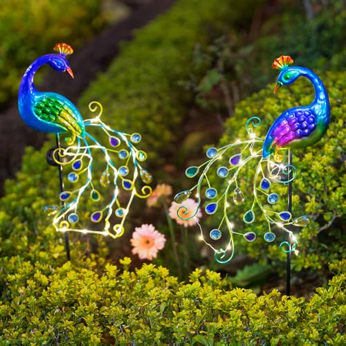 DREAMSOUL 2 Pack Peacock Solar Lights Outdoor, Waterproof Metal Peacock Outdoor Solar Lights for Yards Pathway Lawn Decoration Peacock Gifts - color: Colorful-2pack