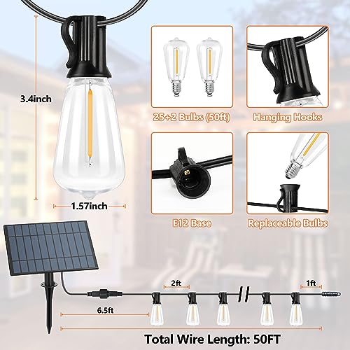 50 FT Solar String Lights for Outside, Solar Powered Outdoor String Lights with 26 Shatterproof Edison Bulbs, Dimmable Patio Lights Waterproof with Remote Timer for Wedding Backyard(Warm White) - size: 50FT