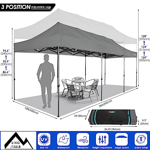 COBIZI 10x30 Heavy Duty Pop up Canopy with 8 sidewalls Stable Wedding Outdoor Tents for Parties Canopy Pop Up Party Tent UPF 50+ Waterproof Commercial Gazebo with Roller Bag, Gray Upgraded - color: Light Grey, size: 10x30 With 8 Sidewalls