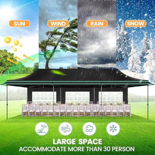 COBIZI 10x30 Pop Up Canopy Tent with Awning & Sidewalls, Heavy Duty Commercial 10X30 Canopy Tents Instant Waterproof, UPF 50+ Sun Shade for Outdoor, Parties, Markets (Black) - color: Black, size: 10x30FT with 5 Sidewalls & 3 Awning Cloth