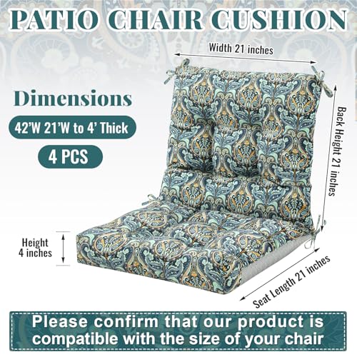 Marsui 4 Pcs Outdoor Indoor High Back Chair Cushions Patio Furniture Tufted Pillow with Ties Water-Resistant Replacement Outdoor Rocking Chair Cushions, 42 x 21 Inches (Blue,Paisley) - color: Blue, size: Paisley