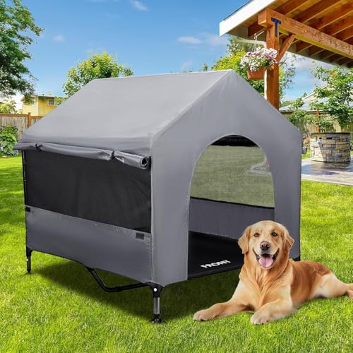 Summertrail 42" Large Dog House Outdoor Indoor with Breathable Mesh Windows-Elevated Dog Bed Cot Dog Tent Shade Shelter for Large Breeds with Canopy, Weatherproof Dog Kennel for Outside, Easy Clean - style: 42" Grey