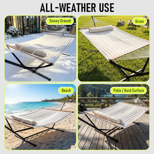 FULIYE Double Hammock with Stand for Outdoor，2 Person Heavy Duty Portable Hammock with Adjustable Steel Stand and Balance Ropes Included – for Patio, Backyard, Garden, Beach((Beige)