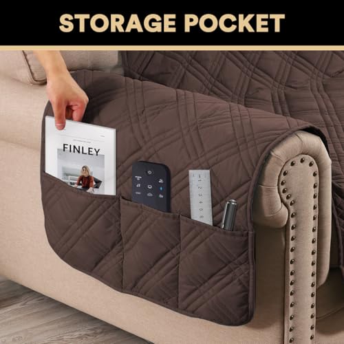 PrinceDeco 100% Waterproof Loveseat Covers for 2 Cushion Couch Sofa Covers Waterproof and Washable Sofa Slipcover with Side Pocket Furniture Protector with Elastic Straps(Loveseat 48", Brown) - color: Brown, size: Loveseat