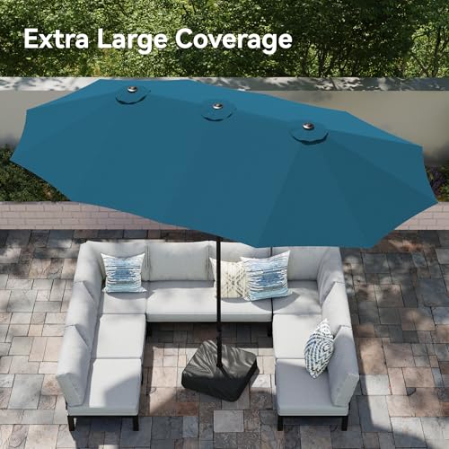 PHI VILLA 15ft Large Patio Umbrellas with Base Included, Outdoor Double-Sided Rectangle Market Umbrella with Crank Handle, for Poolside Lawn Garden, Cyan - color: Cyan