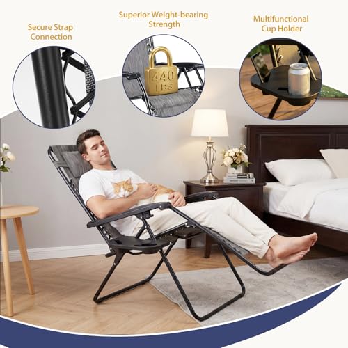 Sweetcrispy Zero Gravity Chairs, Set of 2 Portable Recliner Beach Camping Patio Outdoor Folding Lounge Chair with Cup Holder Trays and Adjustable Pillow for Poolside, Garden, Backyard, Lawn (Grey) - color: Grey