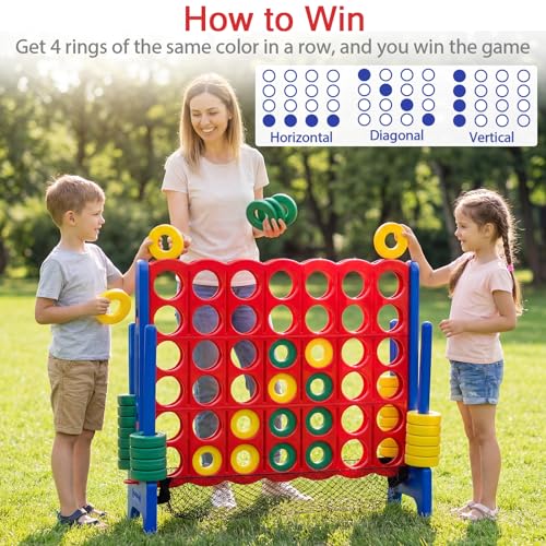 COSTWAY Giant 4 to Score Game Set, Jumbo Game Set with 42 Chess Pieces, Quick-Release Levers & Mesh Pocket, 4-in-a-Row Backyard Game for Kids & Adults, Ideal for Indoors & Outdoors - color: With Mesh Pocket