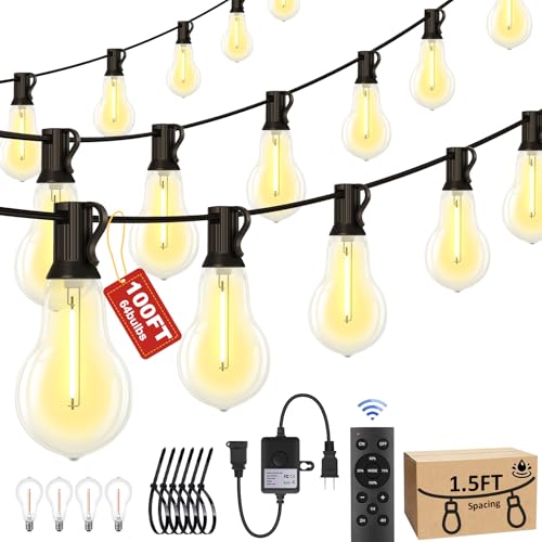 100FT Outdoor String Lights Waterproof with 64+4 Bulbs (1.5FT Bulbs Spacing), Remote & Dimmer, Commercial Patio String Lights with 3 Mode Light & Timing, 100PC Mounting Ties for Outside - size: 100ft With Remote