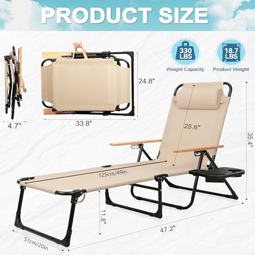 Outdoor Chaise Lounge Chair with 4-Position Adjustable Backrest, Patio Folding Sun Tanning Chair, Pillow & Cup Holder, Portable Recliner Sunbathing Lounger Chairs for Pool Beach Lawn Garden (Beige) - color: Beige