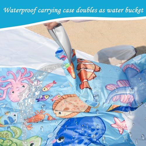 Portable Square Baby Beach Pool, 6.5 X 6.5 Feet Marine Cartoon Animals Toddler Puddle Pool Blue 2 in 1 Childs Beach Blanket and Kiddie Pools Flexible Kids Beach Pools with Carrying Bag for Boys Girls - size: Ocean Theme Diameter 2m / 6.5ft