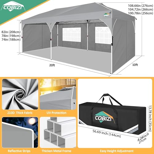 COBIZI 10x20 Pop Up Canopy: Canopy Tent with Patented Center-Lock Tech | Quick-Setup,UV-Reflective & Detachable Walls | 210D Waterproof | 3 Height Adjustments for Parties,Weddings,Outdoor Events(Gray) - color: Gray, size: 10x20ft With 4 Sidewalls