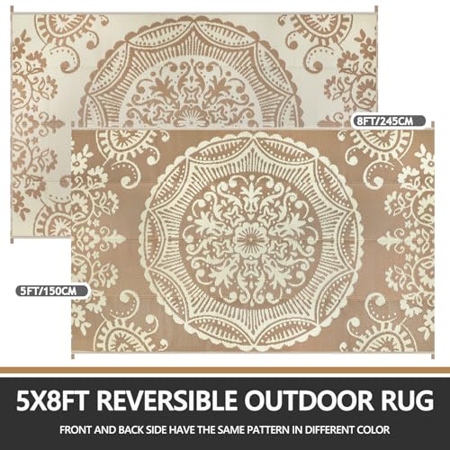 Capslpad 5x8 Outdoor Rug Waterproof Beige Boho Floral Patio Carpet Portable Plastic Straw Rug Foldable Outside Carpet with Carry Bag for RV Backyard Balcony Bench Picnic Porch - color: Light Beige, size: 5' x 8' (Rectangular)