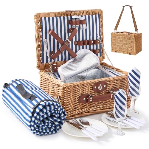 Willow Picnic Basket Set for 2 with Large Insulated Bag and Waterproof Picnic Blanket, Wicker Picnic Hamper for Camping, Outdoor, Birthday, Valentine, Navy - color: Navy With Blanket, size: For 2 Persons