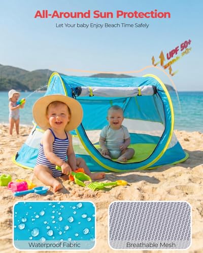 Poray Portable Baby Beach Tent with UPF 50+ Sun Shelter,Mosquito Net and Sunshade, Ideal Pop Up Kids Travel Tent with Carry Bag & 2 Stakes,Outdoor Indoor Play and Sun Protection - style: Large Deluxe Blue & Mat