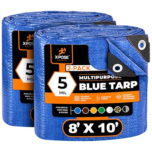 Better Blue Poly Tarp 8' x 10' (2-Pack) - Multipurpose Protective Cover - Lightweight, Durable, Waterproof, Weather Proof - 5 Mil Thick Polyethylene - by Xpose Safety - color: Blue, size: 8 Feet X 10 Feet (2pk)