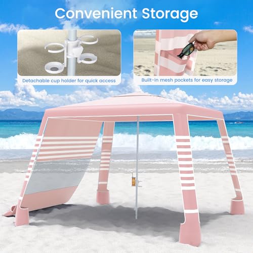 MoKo Beach Cabana, 8'×8' Large Beach Canopy with Side Wall, UPF 50+ Protection Easy Setup Beach Tent Sun Shelter, Adjustable Height Wind Resistant Cabana Beach Tent for Whole Family, Pink Stripe - color: Pink Stripe