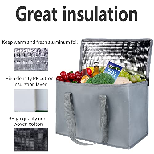 musbus 4 packs insulated trunk organizer car cooler bag XL-Large Insulated Grocery shopping bags, Reusable grey zipped zipper,Collapsible,tote,cooler,groceries,Recycled Material Warm Foldable - color: Grey, size: X-Large（16W x 12.5H x 9D）