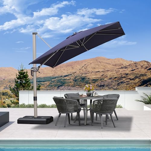 PURPLE LEAF 8’ X 8‘ Patio Umbrella Outdoor Cantilever Umbrella, Aluminum Offset Umbrella with Champagne Frame and 360° Rotation for Pool Deck Garden, Navy Blue - color: Navy Blue, size: 8' x 8'