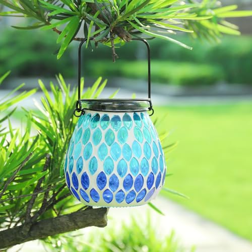 Afirst Mosaic Solar Lanterns - Glass Hanging Lights Hollow Out Waterproof Decorative for Garden, Patio, Holiday Party Outdoor Decoration, Blue-C, 5009420 - style: Ocean Blue