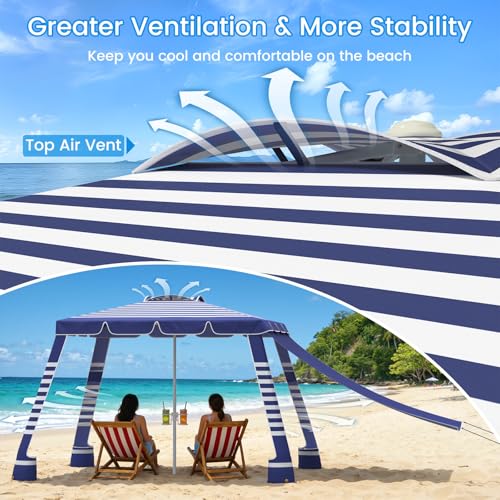MoKo Beach Cabana,120 Sq. Ft. Large Beach Canopy Tent Sun Shade, UPF 50+ Protection Easy Setup Beach Tent, Adjustable Height Wind Resistant Cabana Sun Shelter for Whole Family, Navy Stripes