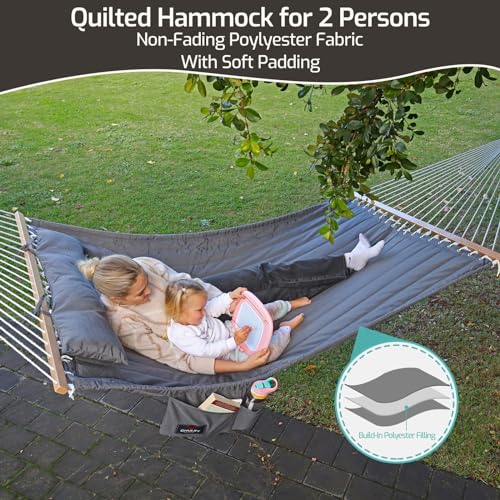CHULIM Double Quilted Fabric Hammock with Hardwood Spreader Bars and Pillow 450 LBS Capacity 2 Person Large Hammock for Outdoor Patio Backyard Poolside - Terracotta - color: Terracotta