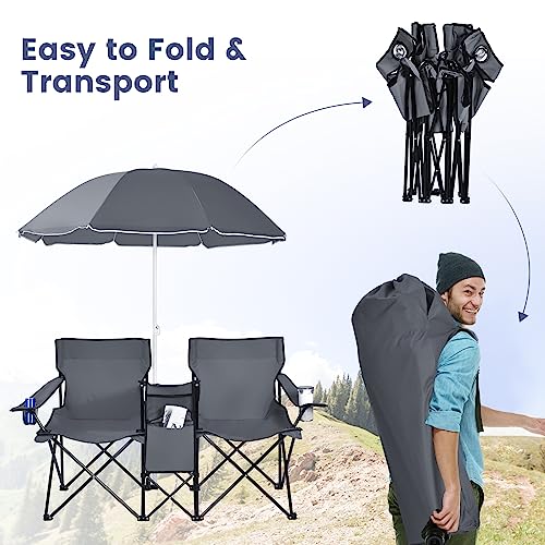 Double Camping Chair, 2-Person Portable Beach Chair w/Removable Umbrella, Cup Holders & Carrying Bag, Folding Loveseat Chairs for Adults Outdoor Picnic (Grey) - color: Grey