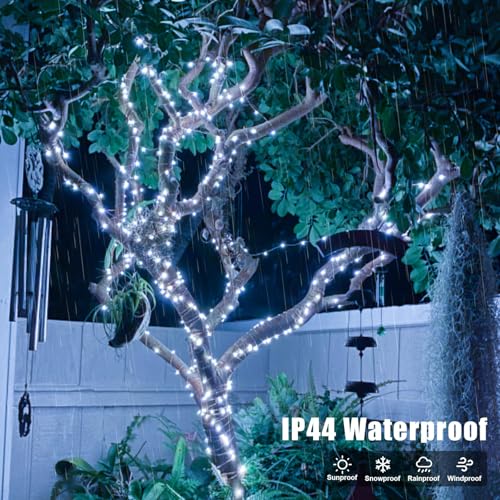 YEGUO 4 Pack White Solar Fairy Lights, Each 33ft 100 LED Christmas Lights Outdoor Waterproof, 8 Modes Sliver Wire Solar String Lights - color: White