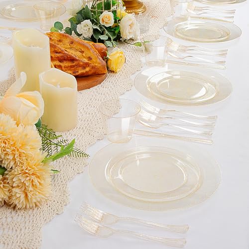 150 PCS Gold Glitter Disposable Dinnerware Set for 25 Guests, Plastic Plates for Party, Including 25 Dinner Plates, 25 Salad Plates, 25 Cups, 25 Forks Knives Spoons for Wedding and Party Supplies - color: Gold Glitter, size: 25 Guests