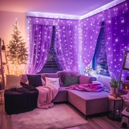 JMEXSUSS 300LED Purple Christmas Lights with Remote, Curtain Hanging Light Plug in, 8 Modes Purple String Lights for Bedroom Window Wall Party Backdrop Halloween Christmas Carnival Decorations - color: Purple, size: 300 LED