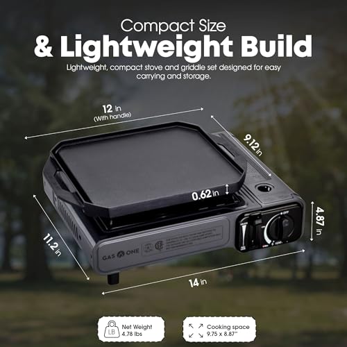 GasOne GS-1000G-KIT Butane Gas Stove with Flat Top Griddle Included – Butane Grill Tent Stove Burners for Cooking for Camping, Kitchen – Diecast Aluminum with Non Stick Coating - color: Gray