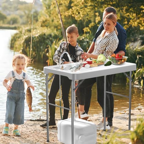 Fish Cleaning Table with Sink, 42.5" Folding Camping Table & Fish Cleaning Station with Measure Mark, Camping Sink with Hose Hookup for Outdoor Picnic, Beach, Dock & Patio Use - style: Fish cleaning table new