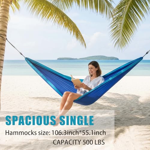 Camping Hammocks,Single Hammock with Tree Straps,Portable Lightweight Parachute Nylon Camping Gear for Outside Hiking Beach Backpack Survival Travel (Blue) - color: Blue