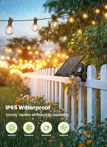 Brightown 58FT Solar String Lights Outdoor with Remote Cable Ties Hooks, 26 LED Shatterproof Bulbs, 3 Light Modes, Dimmer & Timer, Commercial Grade Patio Lights for Yard Balcony Pergola Party Decor - size: 58ft G40