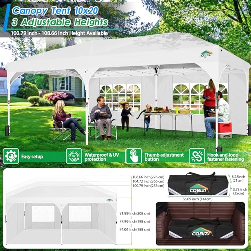COBIZI 10x20 Pop up Canopy Tent with 4 Sidewalls Outdoor Canopy Tent for Party with Push Center Lock & Air Vent, 2000mm+Waterproof Gazebo Canopy UPF 50+with 4 Sandbags,12 Stakes & 6 Ropes,White - color: White, size: 10x20ft With 4 Sidewalls