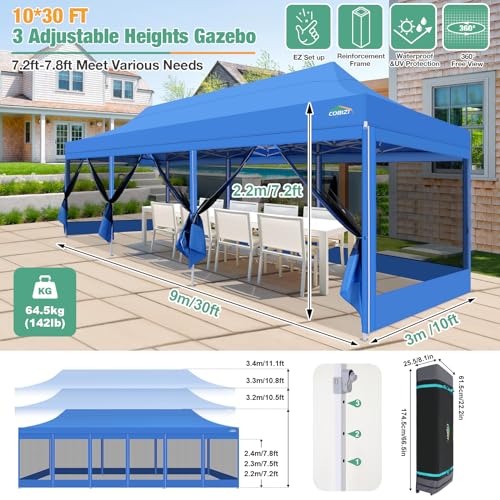 COBIZI 10x30 Canopy Tent, Heavy Duty Pop up Canopy with Sidewalls, Waterproof Easy Setup Tent with Mosquito Netting, Outdoor Instant Screen Tents for Parties, Wedding with Roller Bag, Blue - color: Blue, size: 10x30FT