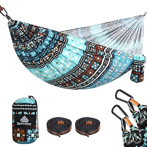NATUREFUN Ultra-Light Travel Camping Hammock | 300kg Load Capacity,Breathable,Quick-Drying | 2 x Premium Carabiners,2 x Nylon Slings Included | Outdoor Indoor Garden - color: Bohemia, size: 275x140cm