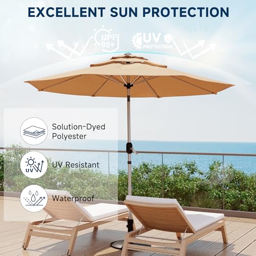 10FT 3-Tier Aluminum Outdoor Patio Umbrella, Fade-Resistant Market Umbrella with Push Button Tilt Function, 8 Sturdy All-Aluminum Ribs for Gardens, Patios, Backyards & Pools - color: Beige, size: 10FT-3Tier (Aluminum Umbrella)