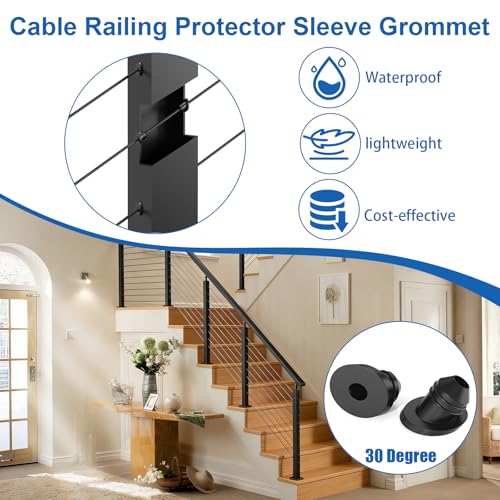 100 Pack 30 Degree Cable Railing Rubber Grommets, Black Angle Beveled Protector Sleeve for 1/8" 5/32" 3/16" Cables for Metal Cable Railing Posts, Cable Railing Protector Sleeve Grommet, MY27 - size: Stair (30°)
