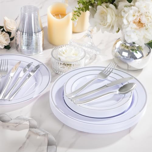 WELLIFE 600 PCS Silver Disposable Dinnerware Set for 100 Guests, Wedding Reception Plates & Silver Plastic Tableware, Dinner & Salad Plates, Cups, Forks, Knives & Spoons for Weddings & Elegant Events - color: Silver, size: 100 Guests