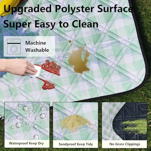 Picnic Blankets Machine Washable, 79''x79'' Extra Large Waterproof Foldable Compact Beach Blankets, Oversized XL Outdoor Mat for Spring Summer Camping, Park, Travel - color: Green and White