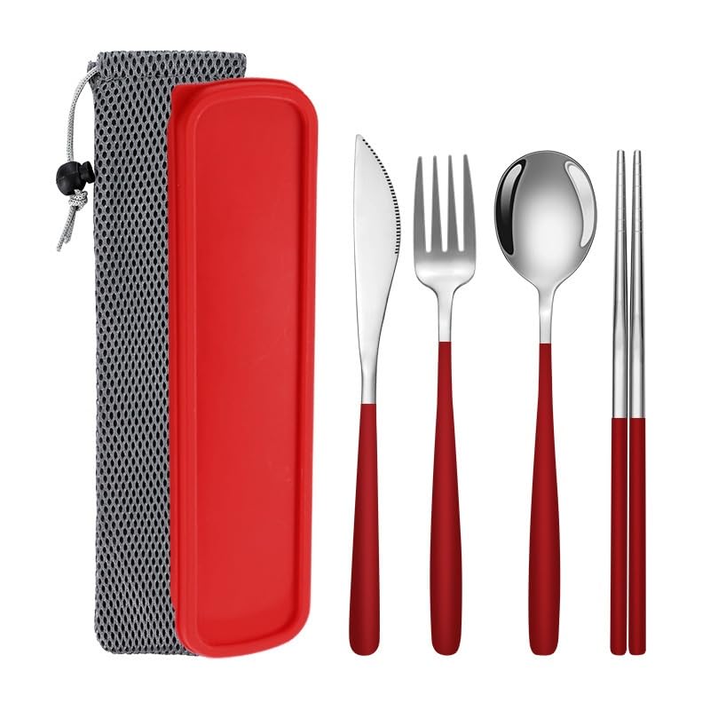 Portable Camping Utensil Set - 18/8 Stainless Steel Travel Silverware with Compact Case - Reusable Knife Fork Spoon Chopsticks Kit for Hiking, Picnic, Backpacking & Outdoor Eating (Silver Red) - color: Silver Red