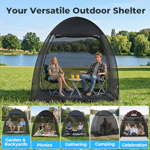 Alvantor® Pop Up Screen House Tent, Snap-fit Mesh Screen Gazebo with Peaked Roof, Portable Screen Room Canopy Shelter with Sandbags for Camping, Backyard, Picnic - color: Black