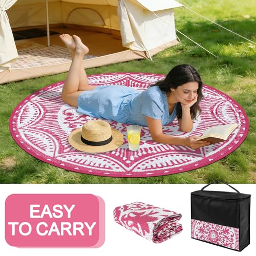 Capslpad 5x5 Floral Outdoor Rug for Patio Clearance Reversible Mat Round Portable Plastic Straw Carpet Waterproof Boho Indoor Outside Area Rugs for RV Camping Picnic Balcony Beach Deck, Pink - color: Pink, size: 5' (Round)